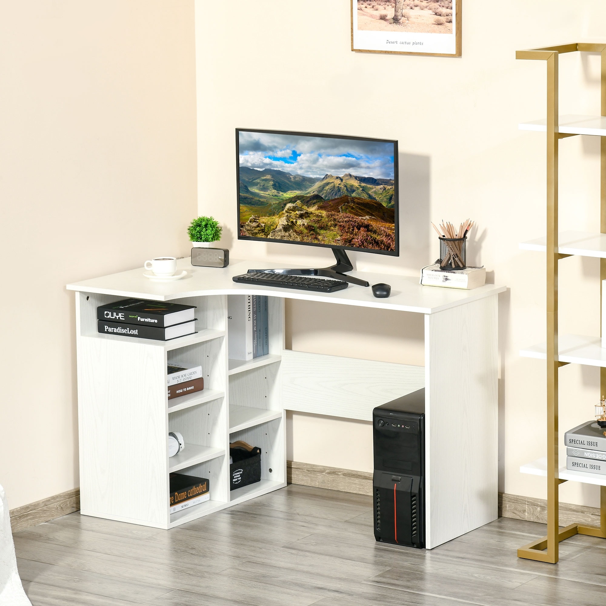 White L-shaped Computer Desk Corner PC Table Workstation Home Office w/ Shelves 