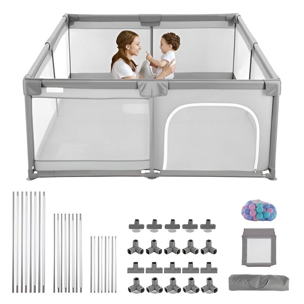 Extra Large Grey Baby Playpen for Toddlers 6-24 Months with Safety Mesh and Iron Frame - 81.1 x 72.44 x 25.59 inch