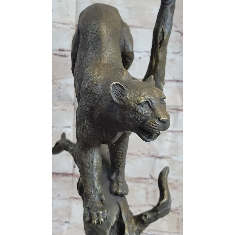 Puma Cougar Mountain Lion On Tree Branch Bronze Statue Sculpture Figurine Decor