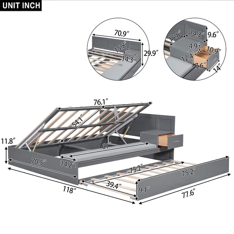 Full Size Wood Storage Hydraulic Platform Bed with Trundle