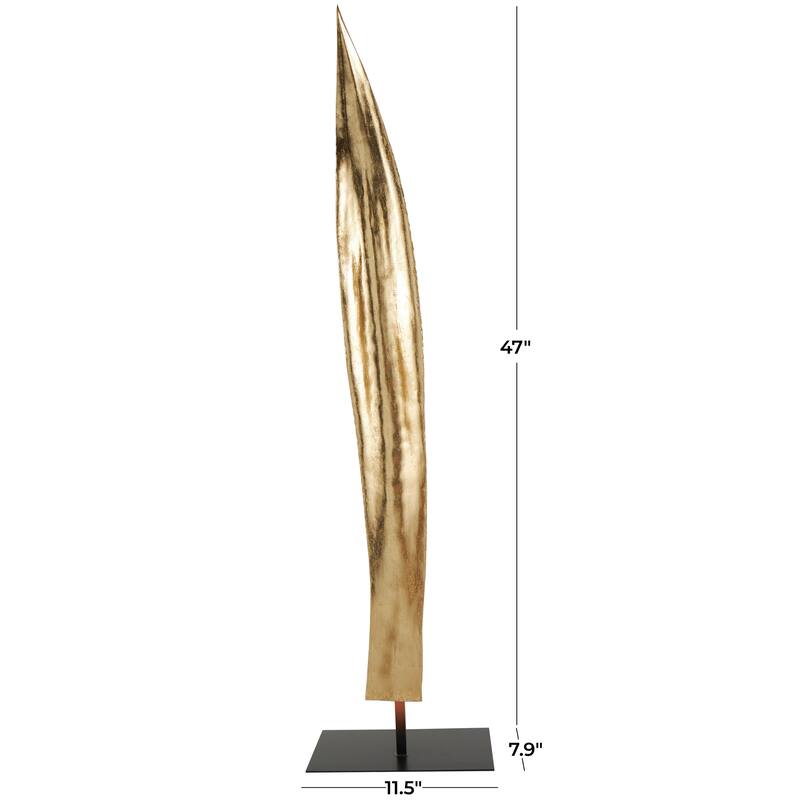 Gold Polystone Slim Abstract Leaf Sculpture with Black Metal Stand
