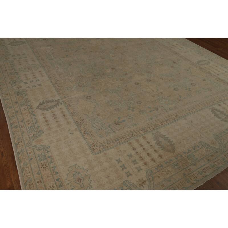 Vegetable Dye Oushak Turkish Area Rug Hand-Knotted Beige Wool Carpet - 9'0" x 12'7"