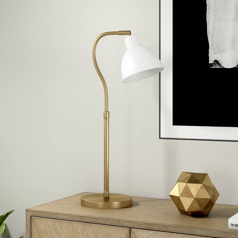 25" Brushed Brass Arched Table Lamp with White Dome Metal Shade Plug-In Light for Living Room - 10" W x 7" D x 25" H