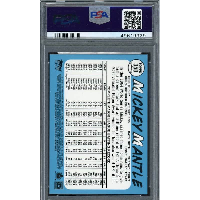 Mickey Mantle 2012 Topps 1965 Reprint Gold Refractor Baseball Card #350 Graded PSA 10 GEM MINT - 8'6" x 11'6"