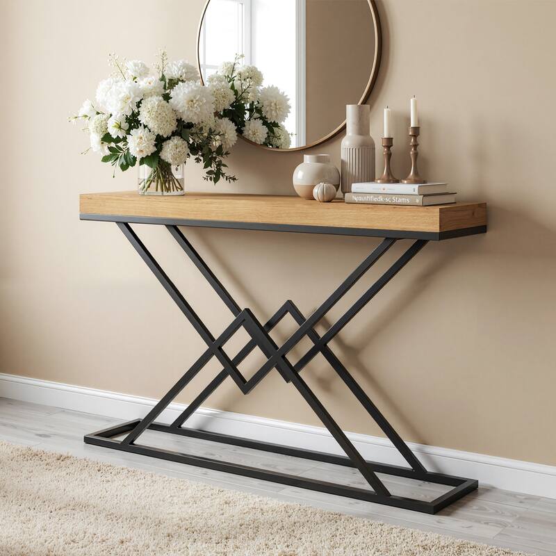 43.2" Solid Wood Console Table with Stylish Geometric Metal Base