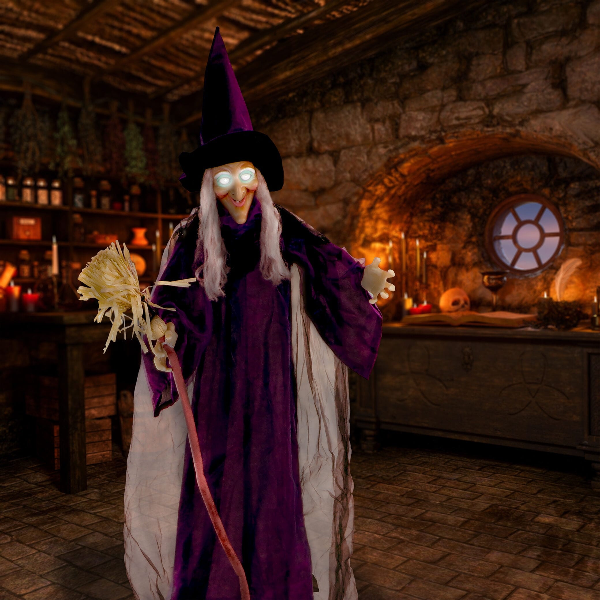 Haunted Hill Farm 6-Ft. Life-Size Talking Witch w/ Broomstick and Rotating Body