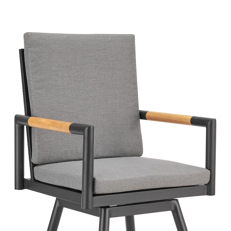 Crown Outdoor Patio Swivel Stool in Aluminum with Wood Accent and Cushions