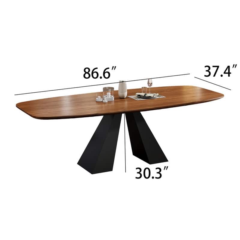 86" Mid Century Modern Dining Table, Brown Solid Wood Tabletop with Black Stainless Steel Legs, Retangular DiningTable for 8-10