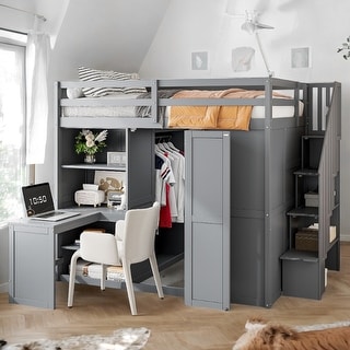Loft Bed with Foldable Door Panels Wardrobe,Desk and Cabinets for Kids