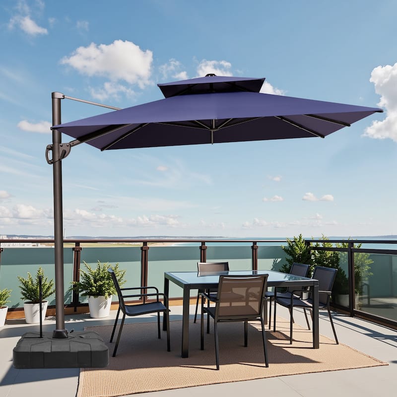 9 x 12 ft Double Top Patio Cantilever Umbrella 360-degree Rotation with Base - Navy Blue