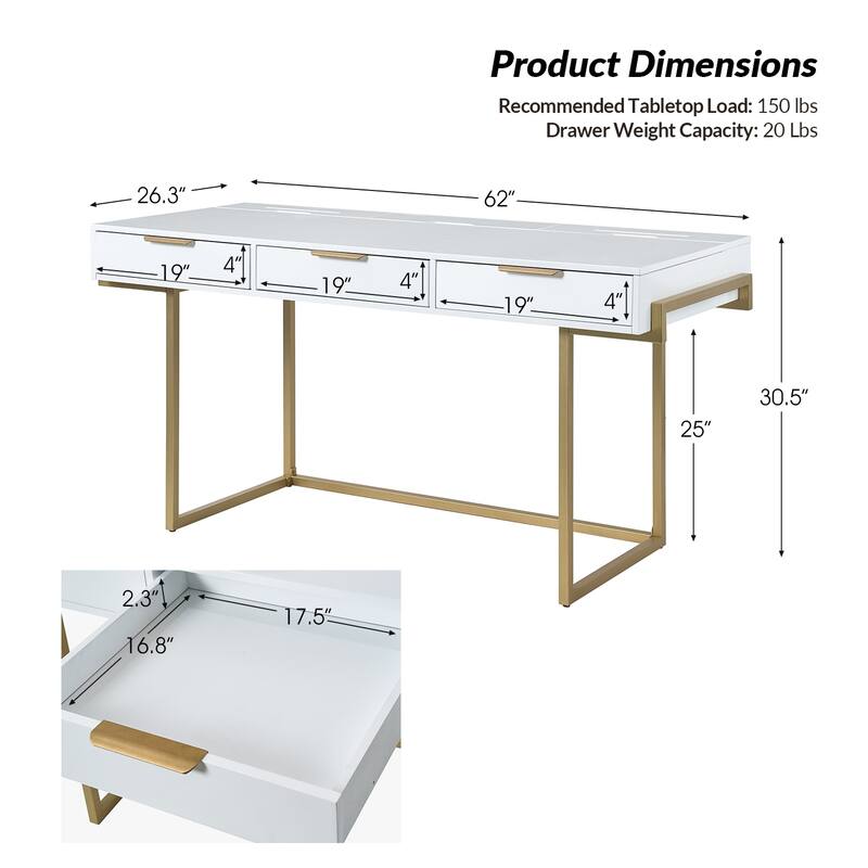 Patricia Modern 3 Drawer Desk with USB Ports and Outlet by HULALA HOME