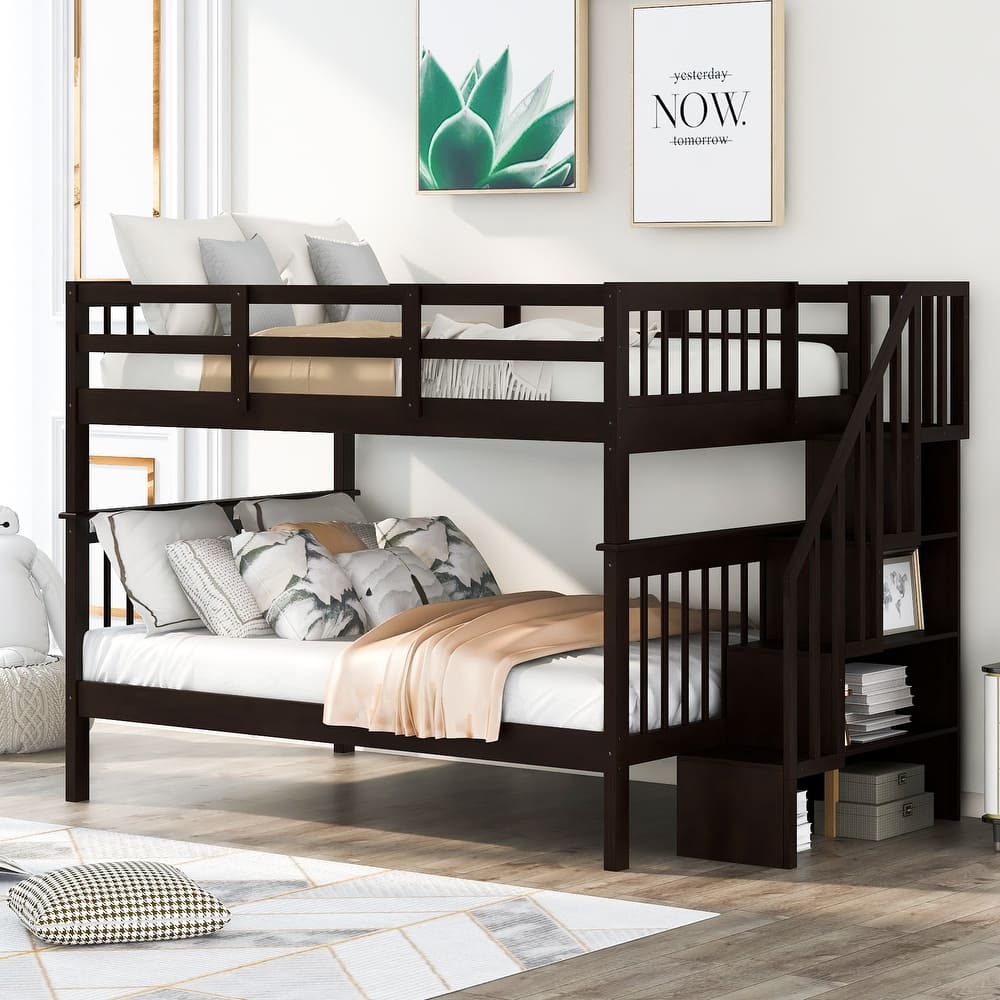 Full Bunk Bed with Storage Stairs and 300lb Capacity, Convertible to 2 Beds, Solid Wood Frame