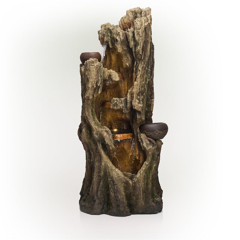 Alpine Corporation WIN1530 Indoor/Outdoor Floor Waterfall, Tree Trunk Fountain w/ LED Lights & 2 Flower Pots, 52", Brown