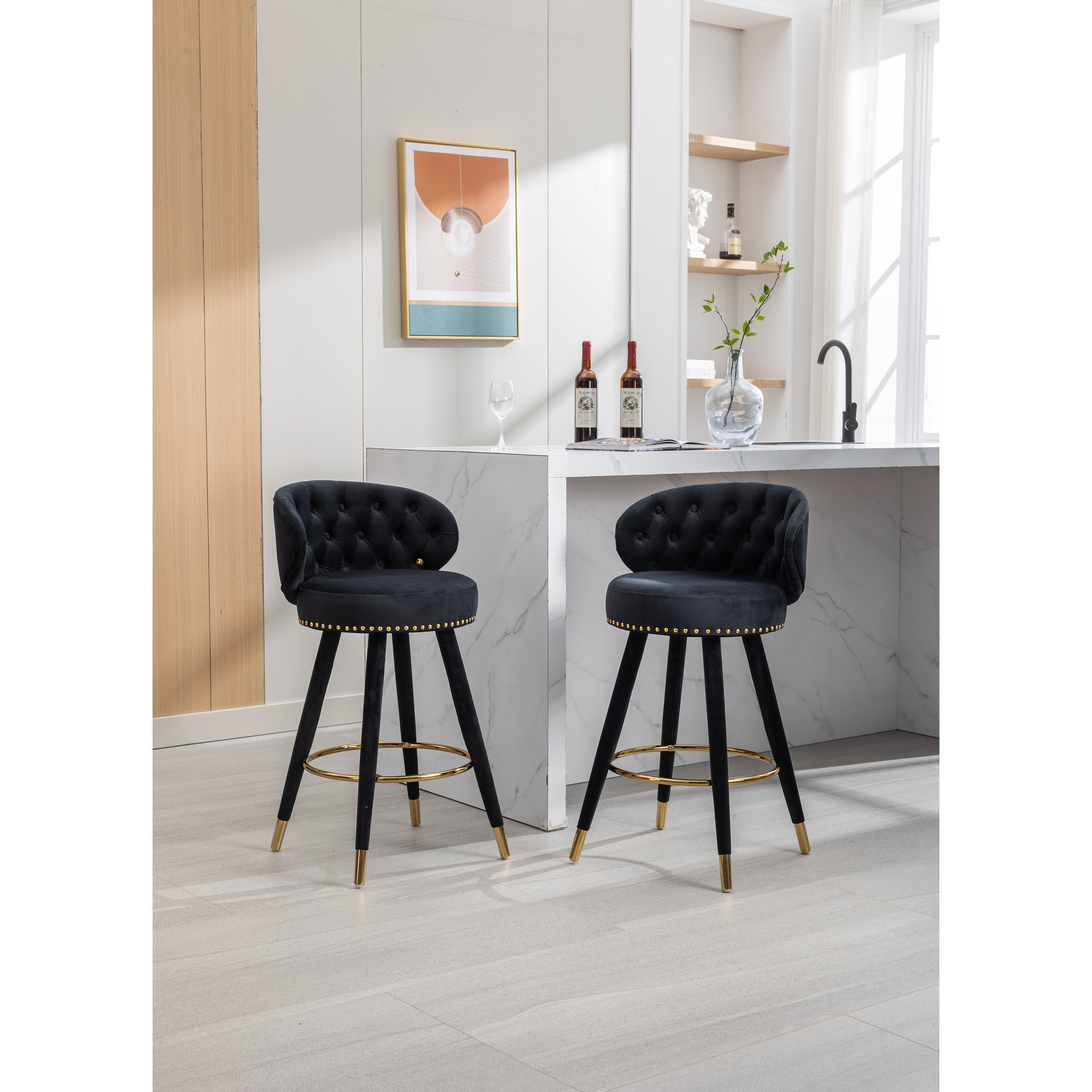 Kitchen Island Armless Barstools Black Velvet Breakfast Bar Chairs 2pcs Nailhead Trim Bar Chair Dining Chair with Footrest