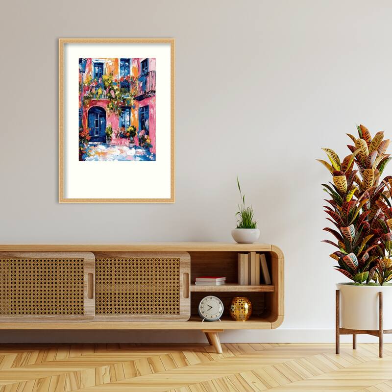 Pink Orange House Blue Door Flowers Impressionist Wood Framed Wall Art Print