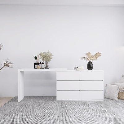 6 Drawer Double Dresser, White Dresser with Extended Desktop,6 Chest of Drawer Without Handle White Color Vanity