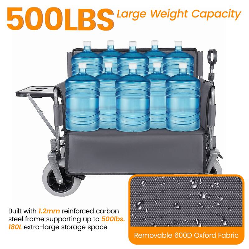 3-in-1 Collapsible Wagon, Convertible Folding Wagon Cart with Rear-Mounted Folding Tabletop, 500lbs Heavy-Duty, 180L Capacity