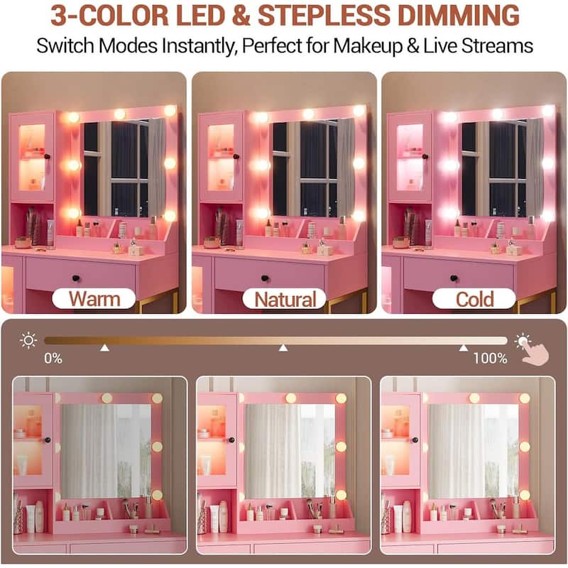Vanity Desk, Makeup Dressing Table with LED Lights, Mirror, Built-in Outlets & USB Ports