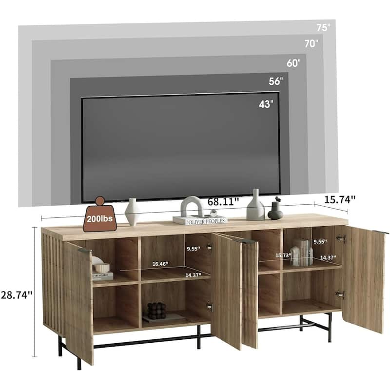 68" Mid-century TV Stand Entertainment Center with Adjustable Shelves 4 Doors & LED Light
