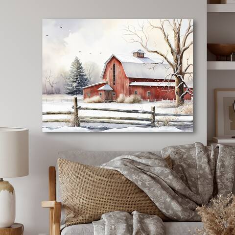 Designart "Calm Red Barn In Winter II" Farmhouse / Country Canvas Wall Art