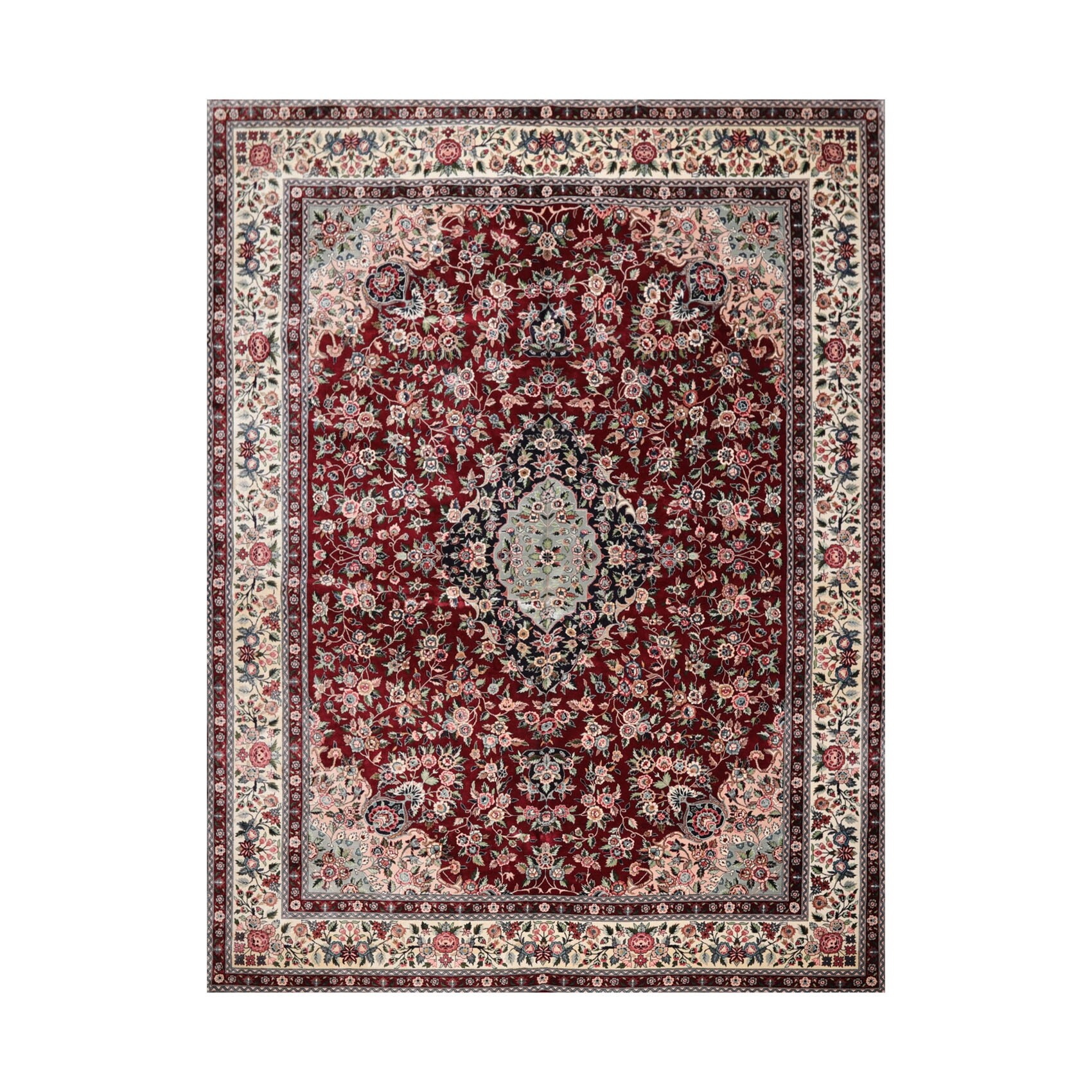 Hand Knotted 300 KPSI Tabriz Burgundy,Ivory Sino Persian Wool and Silk Traditional Oriental Area Rug (9x12) - 9' x 11' 8''