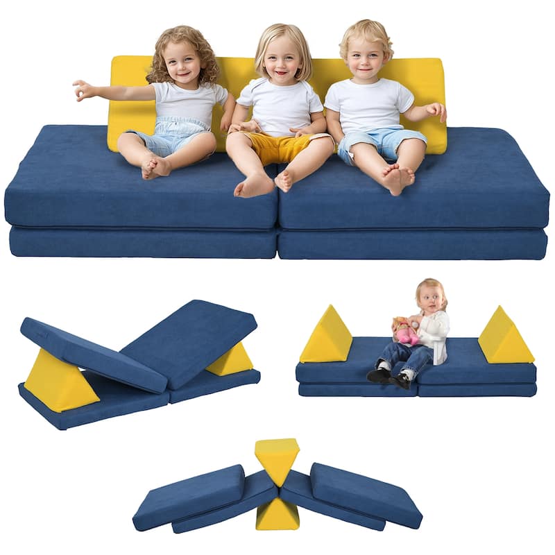 Kids Play Couch, 6 Piece Kids Couch for Playroom or Bedroom, Foam Couch for Kids with Washable Cover - Blue