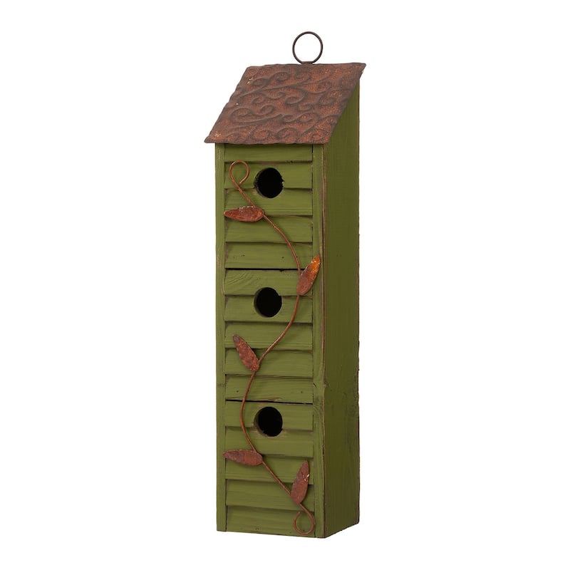 Glitzhome 18"H Three-Tier Distressed Solid Wood Window Shutters Birdhouse - Green