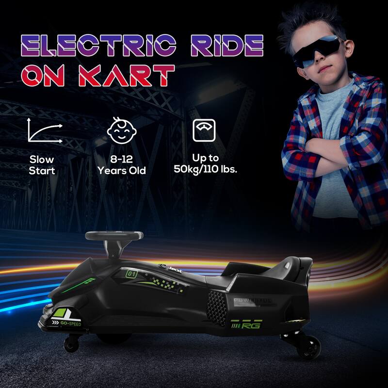 12V Electric Drift Go-Kart with Lights & Music, 5 MPH Battery-Powered Ride-On for Ages 8-12