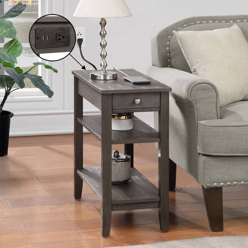 Convenience Concepts American Heritage 1 Drawer Chairside End Table with Charging Station and Shelves - Wirebrush Dark Grey