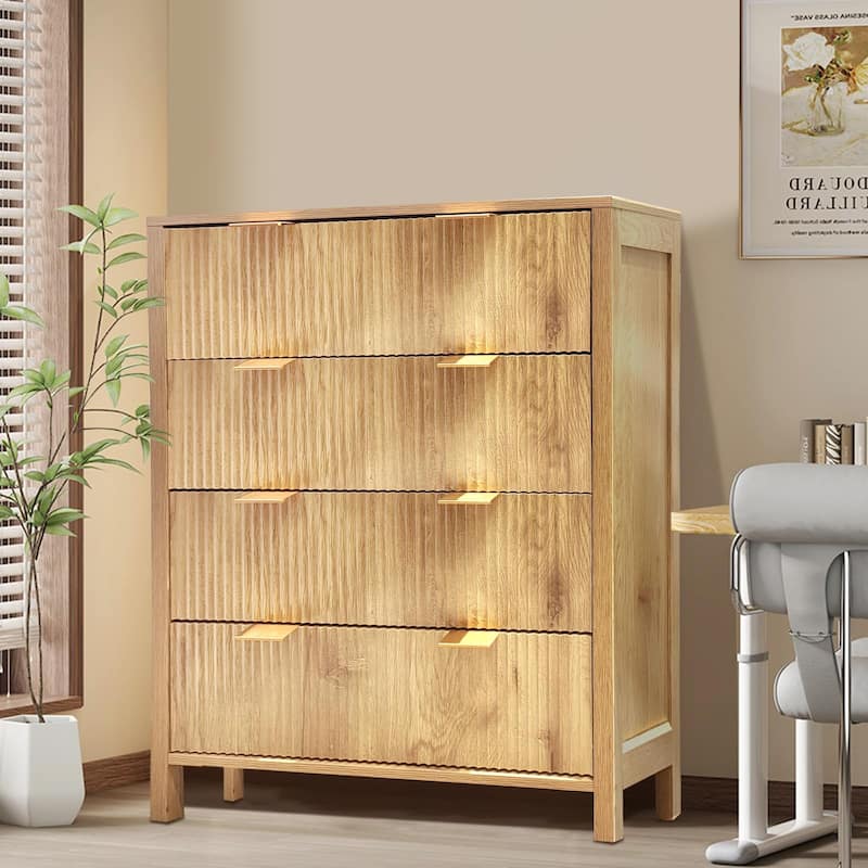 4 Drawer Fluted Dresser for Bedroom, Modern Wood Chest with Gold Handles, Narrow Storage Cabinet or TV Stand