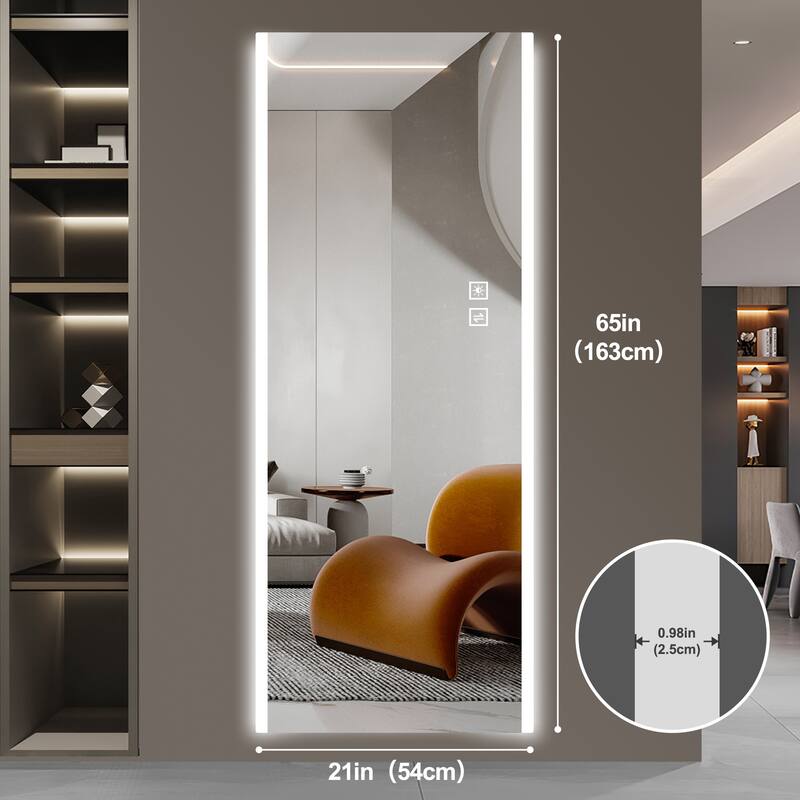 65x21 inch LED Full Length Mirror Frameless Wall Mounted 3 Color Light Explosion proof
