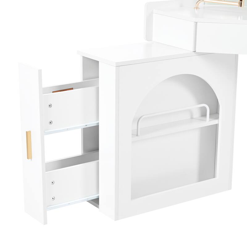 Corner Vanity Desk with Mirror & Lights, Wood Fluted Makeup Vanity Desk, Dressing Table with Large Storage Space