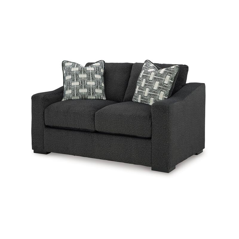 Wryen Loveseat, Onyx Black Polyester, 2 Accent Throw Pillows, 67 Inch