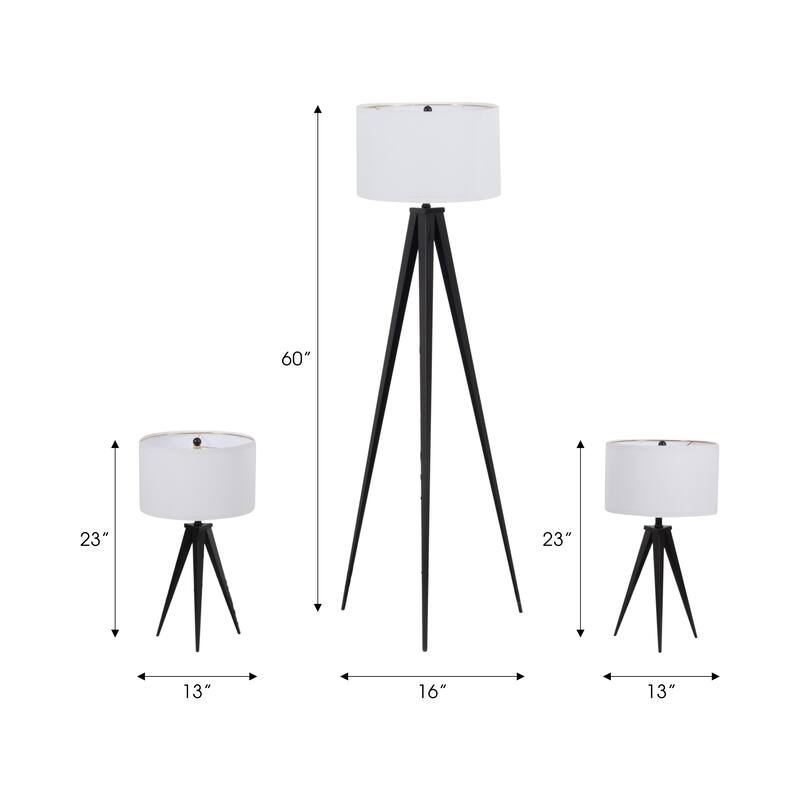 Sagebrook Home Black Modern Set of Three Metal Table & Floor Tripod Lamps - 16" x 16" x 60"