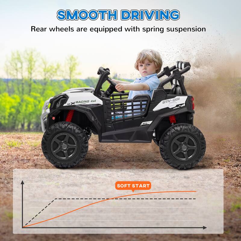 Qaba 24V Dual Motor Kids Ride-On Car, 2 Seater, Parental Remote, 3 Speed, LED Lights, White