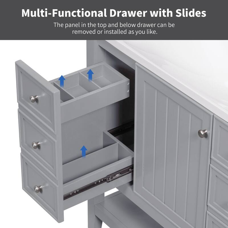 36-Inch Bathroom Vanity with Ceramic Sink - Solid Wood Frame, 3 Drawers, 1 Cabinet & Shelf - Modern Freestanding Design