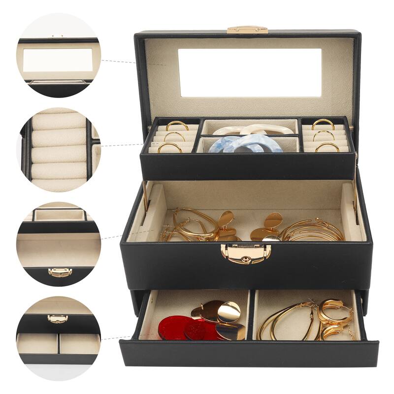 3 Layer Jewelry Box with Mirror for Women, PU Leather Jewelry Organizer Case Storage Display Holder with Drawer - 21x13x12cm