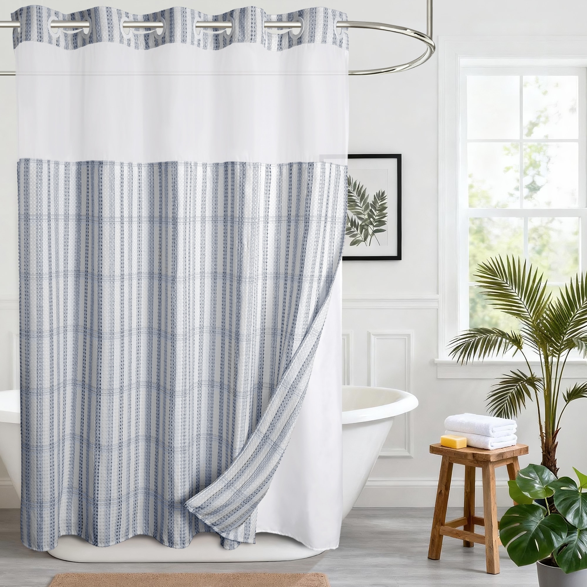 No Hook Plaid Waffle Shower Curtain with Snap-in Liner