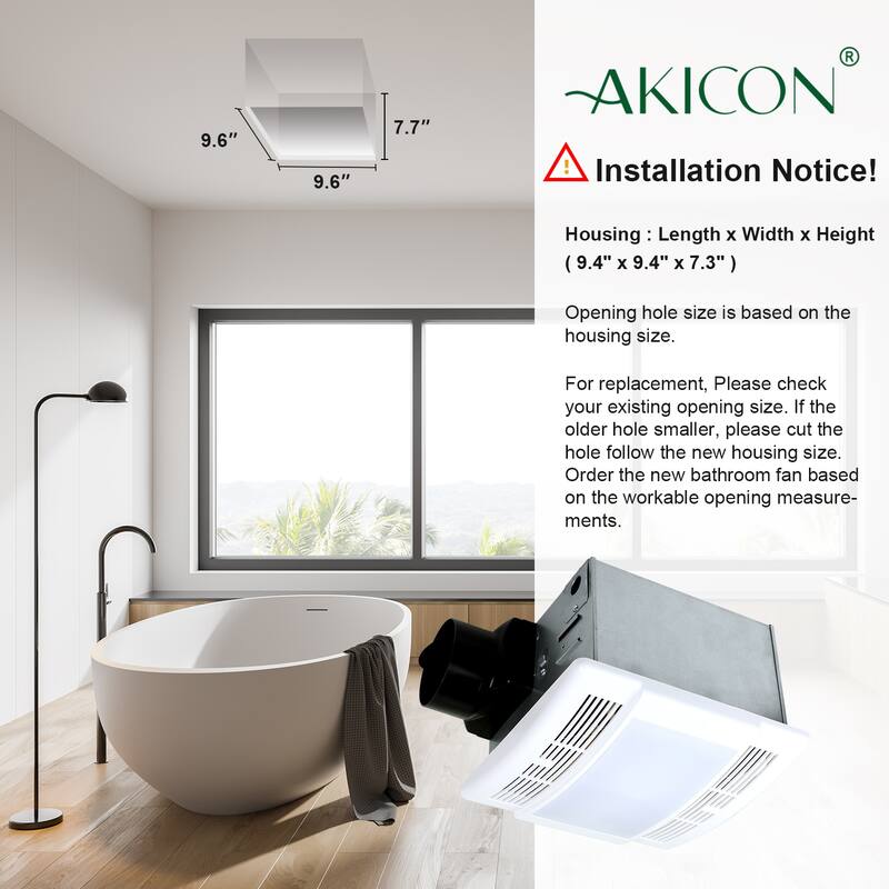 Ultra Quiet Bathroom Exhaust Fan with LED Light 90CFM 1.5 Sone Rectangule Plastic Cover White Finish