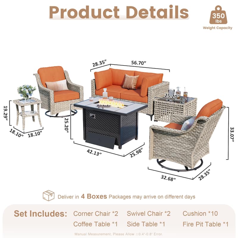 OVIOS 7 Pieces Outdoor Wicker Furniture Set With Solar-Powered Coffee Table&Fire Pit