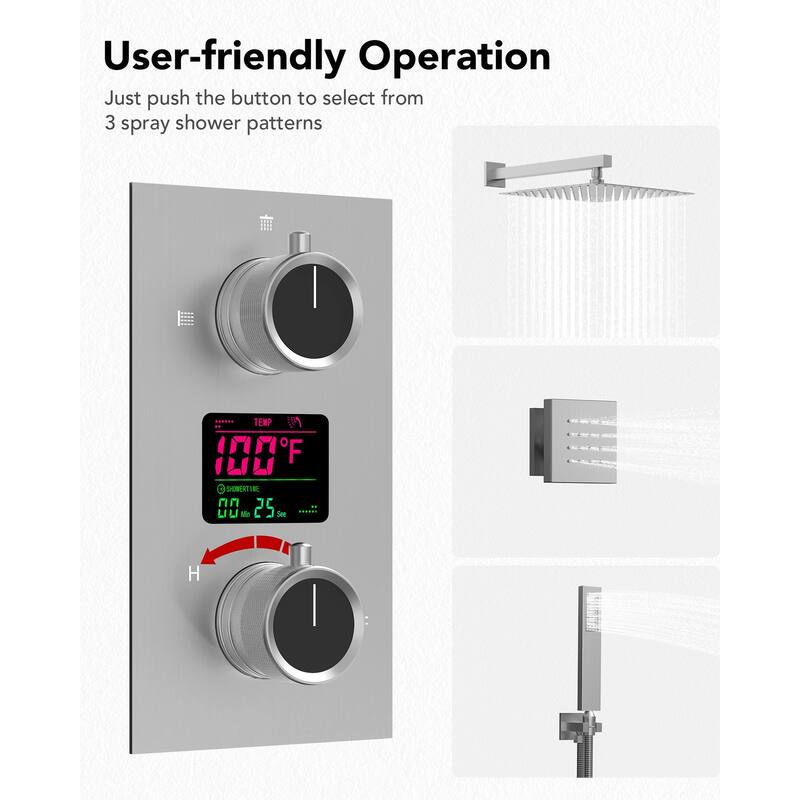 Wall-Mounted Shower Fixture System 12 in Rain Shower Head LCD Digital Thermostatic Valve Shower Faucet Set with 3 Body Jets