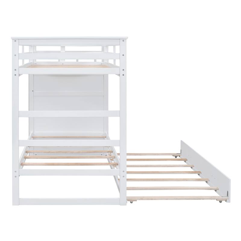 White Twin Over Twin Bunk Bed with Trundle, Staircase and Storage Drawers, Space-Saving Design