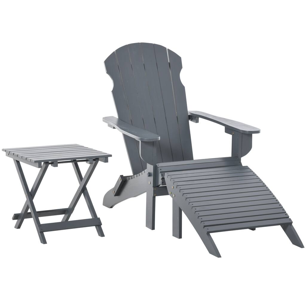 3-Piece Folding Adirondack Chair With Ottoman And Side Table, Outdoor Wooden Fire Pit Chairs W/ High-Back