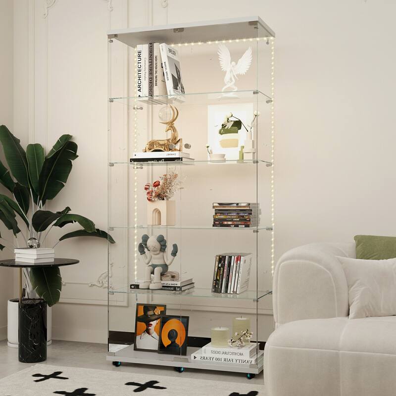 Tempered glass display cabinet, file cabinet, with Bluetooth LED light strip, lock on the door,equipped with cast, easy to move
