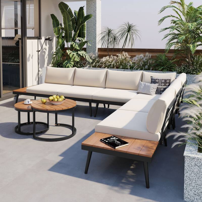 Beige Acacia Wood Outdoor Sectional Sofa Set with Round Nesting Coffee Tables