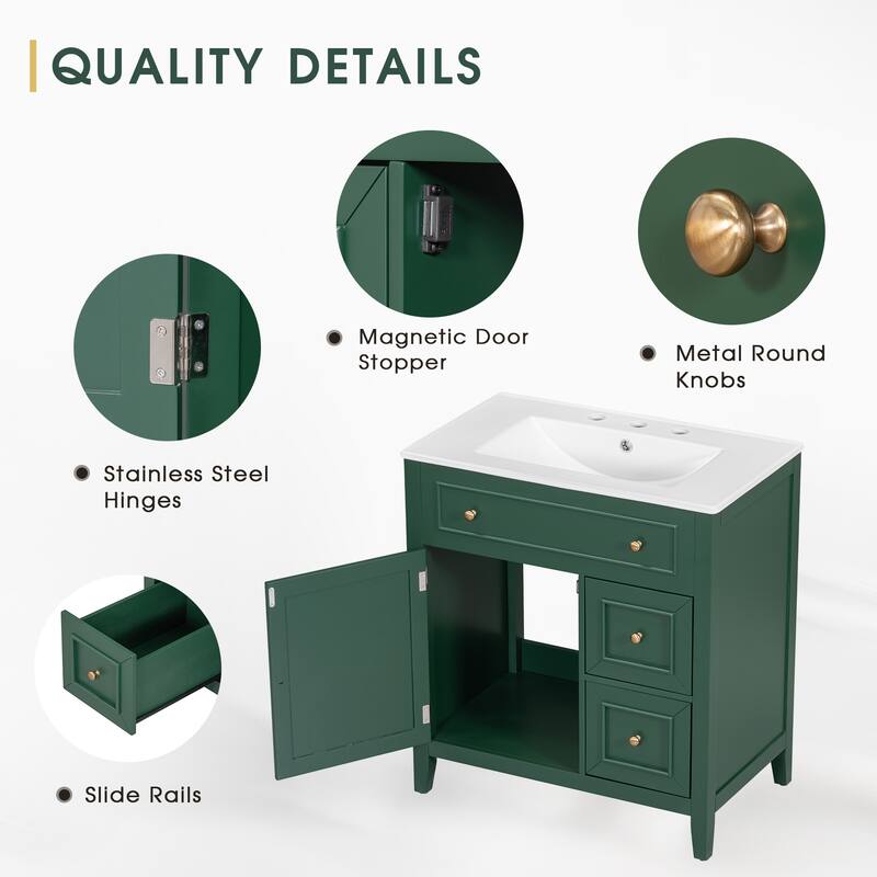 30" Bathroom Vanity with Sink Top, Bathroom Vanity Cabinet with Door and Two Drawers, Solid Wood Frame, One Package