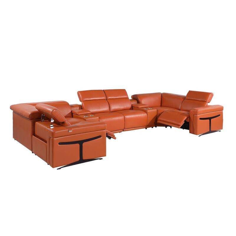 HomeRoots Camel Italian Leather Power Reclining U Shaped Eight Piece Corner Sectional With Console