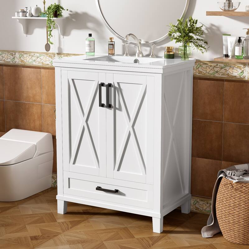Bathroom Vanity with Sink, Bathroom Wooden Storage Cabinet, Free Standing Bathroom Vanity with Divided Drawer & Double Shelf - White