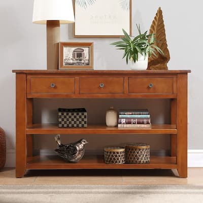 3-Tier Console Table, Entryway Table with Pine Wood Top 3 Storage and Drawers, Sofa Side Table With 2 Open Storage Shelf