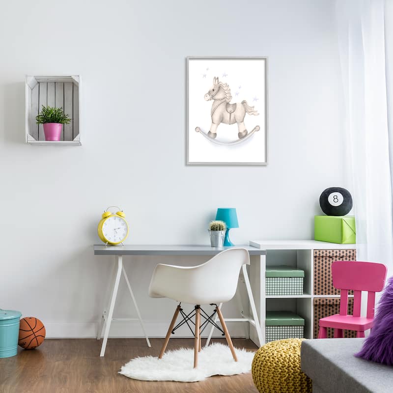 Stupell Gentle Rocking Horse Blue Stars Nursery Playroom Framed Wall Art, Design by Studio Q - Off-White